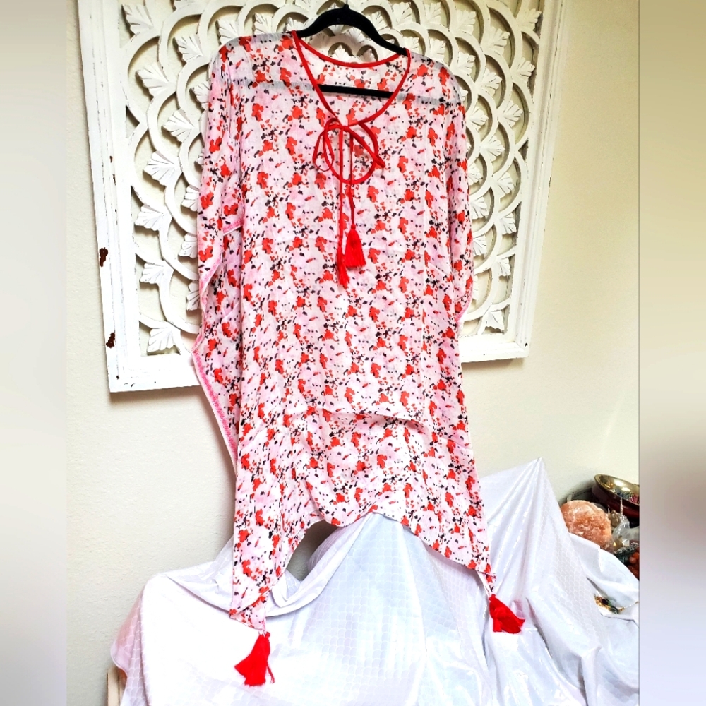 Raj Kaftan Poncho Swim Cover NWOT Red Pink One Size Y2K Deadstock